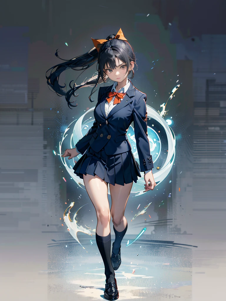 One person, Karate Stance,Knee kick,Height: 155cm,Black Hair, ponytail, The body is slim,Small breasts,Bad mood, Slanted Eyes, High school uniform,Navy blue blazer,White blouse,Orange bow ribbon tie,Grey mid-length flare skirt,Navy blue knee socks,Black Loafers,Character Profile, Vanishing Point, Ultra Wide Angle, Japanese illustration style, High resolution, Anatomically correct, masterpiece, accurate, High resolution, Damaged, detail, 高いdetail, High-resolution model, quality, Very detailed, Retina, 高quality, Textured skin, Ultra high definition,, Character profile, Afterimage,
