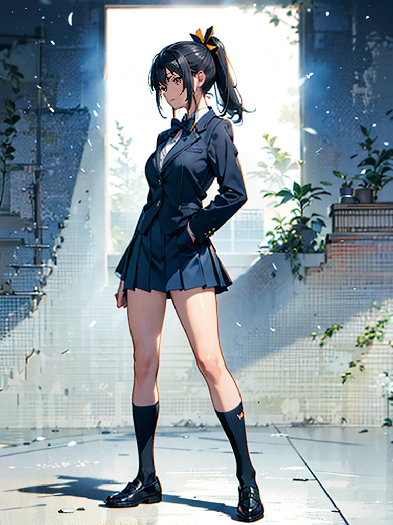One person, Karate Stance,Knee kick,Height: 155cm,Black Hair, ponytail, The body is slim,Small breasts,Bad mood, Slanted Eyes, High school uniform,Navy blue blazer,White blouse,Orange bow ribbon tie,Grey mid-length flare skirt,Navy blue knee socks,Black Loafers,Character Profile, Vanishing Point, Ultra Wide Angle, Japanese illustration style, High resolution, Anatomically correct, masterpiece, accurate, High resolution, Damaged, detail, 高いdetail, High-resolution model, quality, Very detailed, Retina, 高quality, Textured skin, Ultra high definition,, Character profile, Afterimage, 