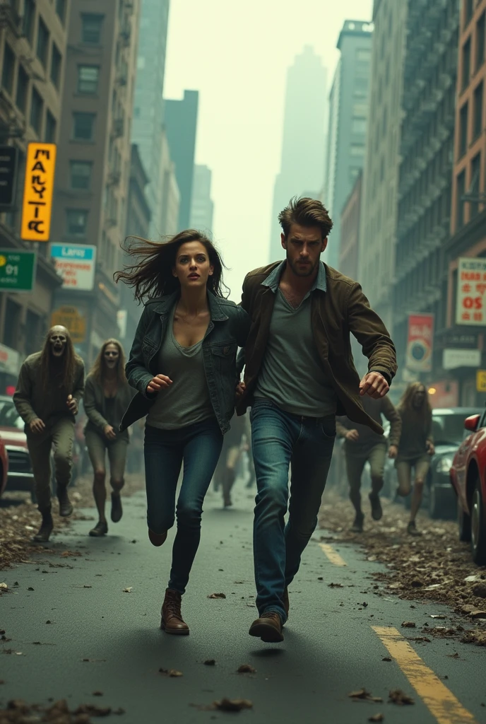 Brunette Boyfriend And His Girlfriend Are Running From Zombies On New York Street