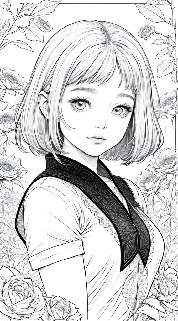 As a coloring book, white and black color, borders should be simple, clear, distinct, and thick lines, By Cartoon picture book of a beautiful Asian girl with short brown hair, A girl looking at camera, (field of roses), (Closeup), retrato, nuvem, arte de linha