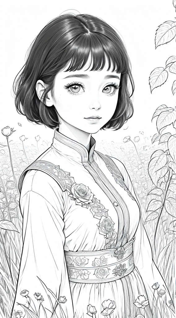 As a coloring book, white and black color, borders should be simple, clear, distinct, and thick lines, By Cartoon picture book of a beautiful Asian girl with short brown hair, A girl looking at camera, (field of roses), (Closeup), retrato, nuvem, arte de linha