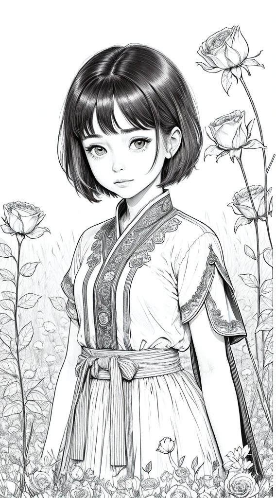 As a coloring book, white and black color, borders should be simple, clear, distinct, and thick lines, By Cartoon picture book of a beautiful Asian girl with short brown hair, A girl looking at camera, (field of roses), (Closeup), retrato, nuvem, arte de linha