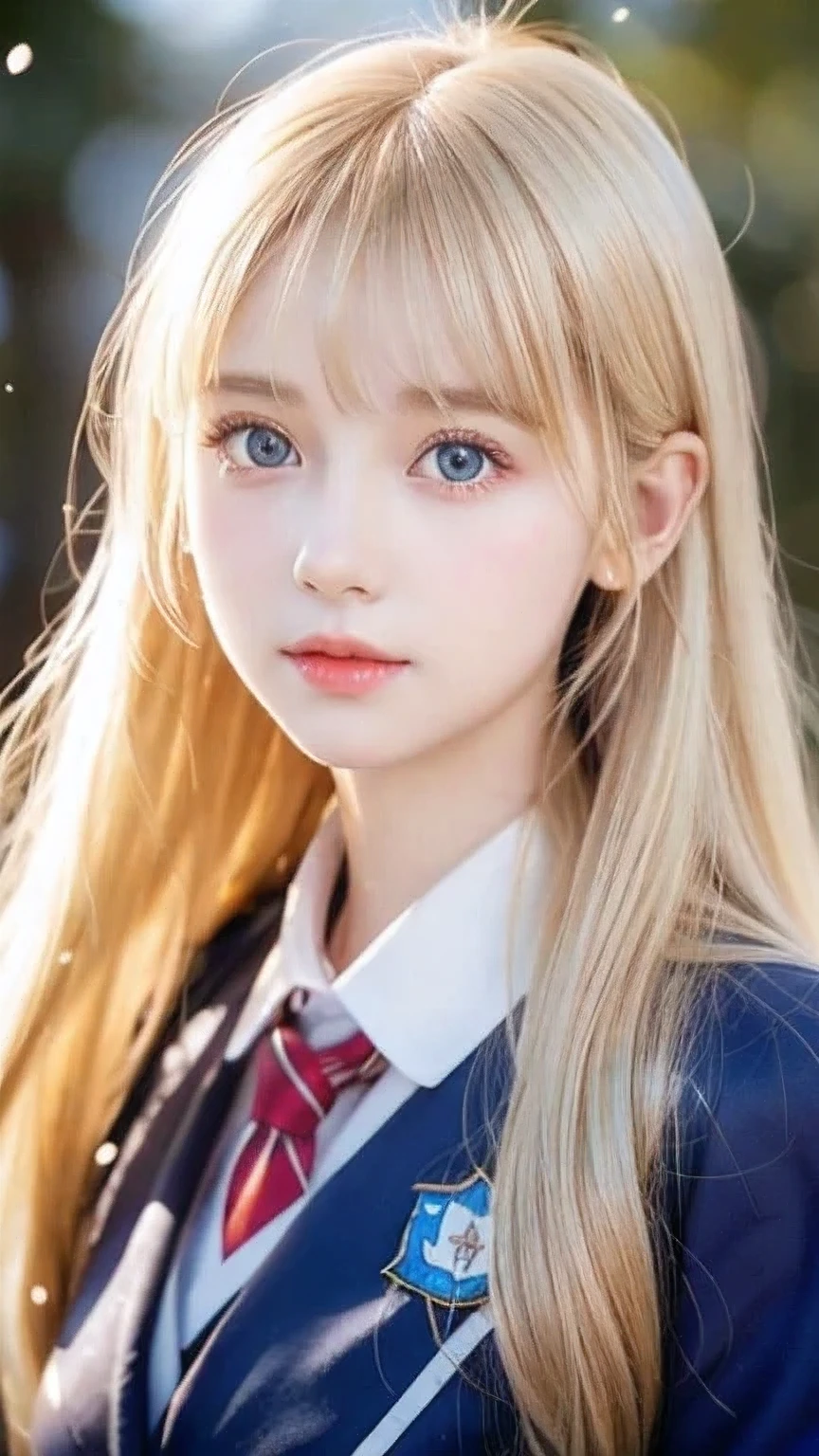 A very beautiful Nordic girl、Super long, silky, shiny metallic butter blonde straight hair、Cute beautiful girl with sexy messy bangs、Hair above the eyes、片Hair above the eyes、Hair between the eyes、uniform、Super long beautiful blonde hair、Beautiful bangs between the eyes、Very beautiful cute face、Cute beautiful gentle expression、high school girl、Big, pale, very bright sky blue eyes that shine beautifully、Small Face Beauty、Round face、Snow-white glossy skin、