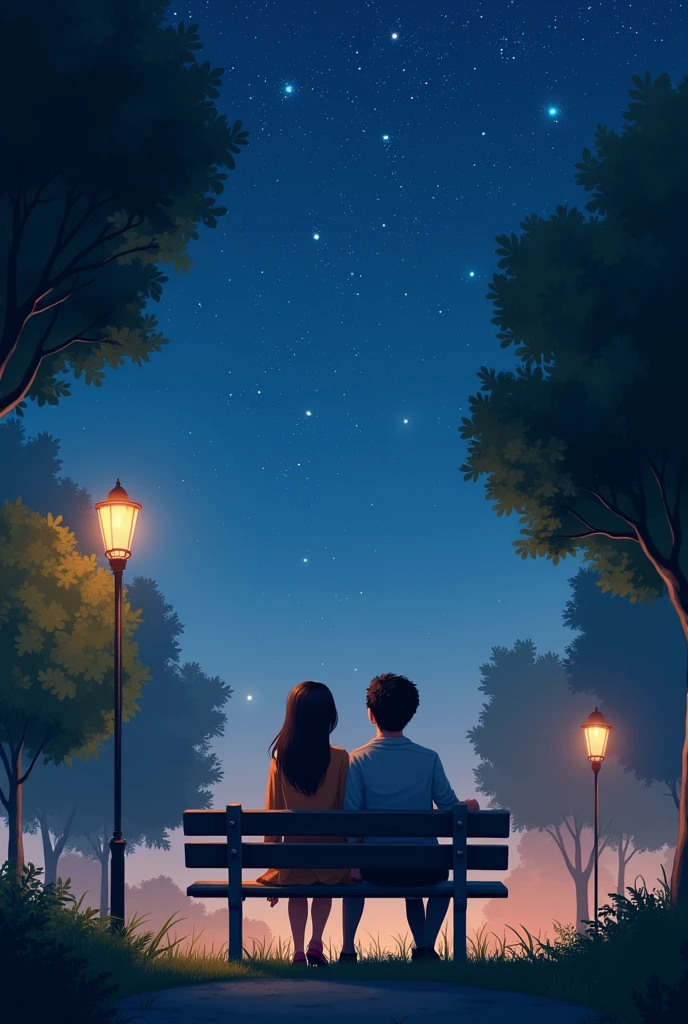A couple looking at the night stars in a romantic atmosphere on a park bench