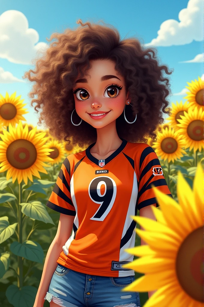 Cartoon white woman with kinky curly brown hair, hazel eyes standing in a sunflower field wearing short shorts and a Cincinnati Bengals jersey number 9