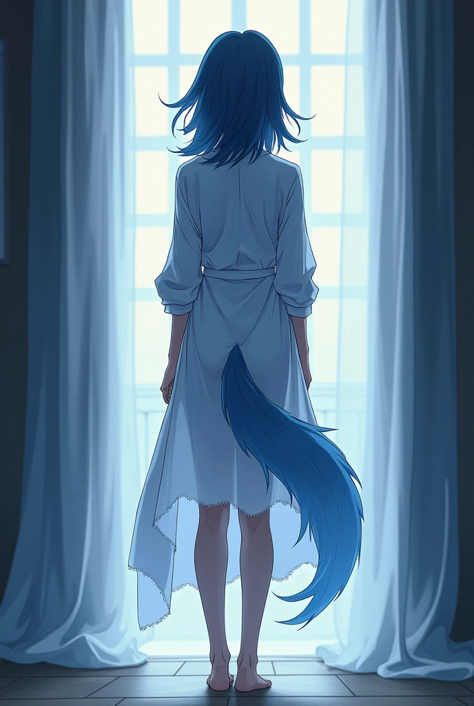 creates an anime style image of a woman, seen from behind, wearing a long shirt that covers up to her thighs with her legs slightly open and a light blue furry animal tail peeking buttplug