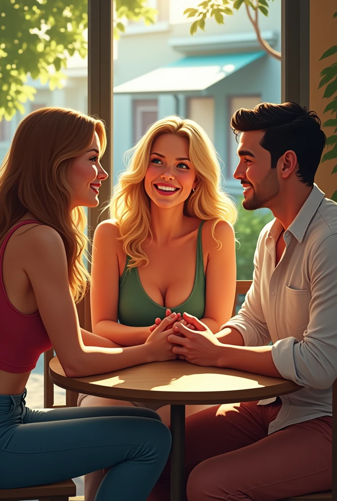 create image of three friends two women and one man, A friend is black-haired, another blonde and the friend is a short, athletic, black-haired guy