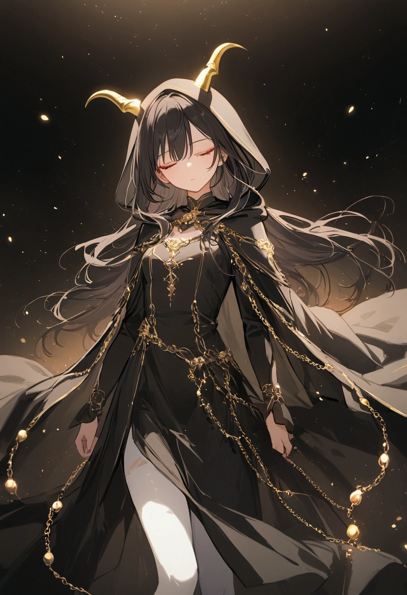 A girl with fair skin, wearing a delicate black dress with gold chain details, slightly torn white tights and black boots. Her long black hair has a golden streak on the left side, and her eyes are closed, highlighted by red eyeliner. She wears a black cape with subtle gold details and a hood adorned with golden horns. A long black tail, with small golden chains wrapped around it, completes its mysterious and enchanting look.