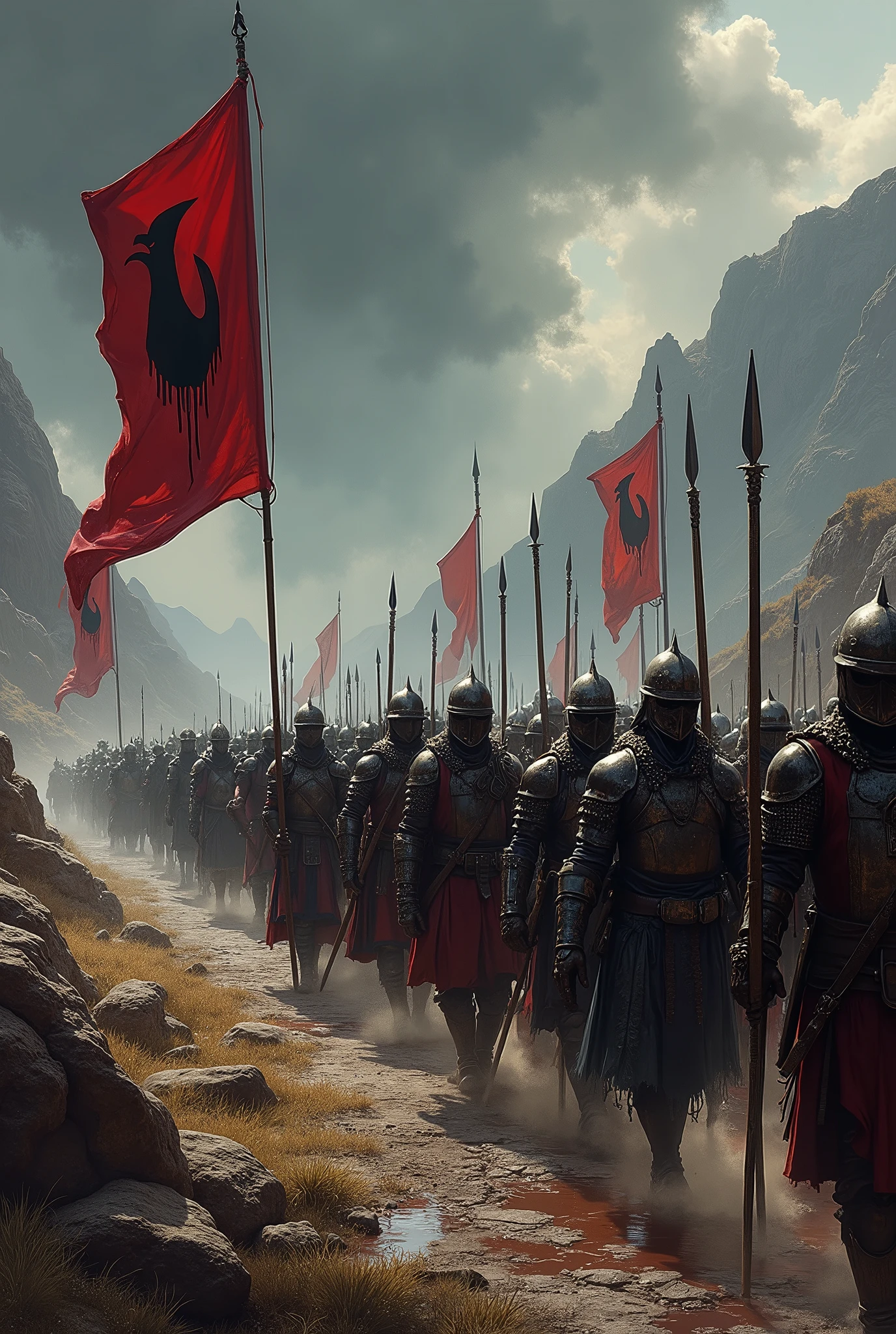 A visually stunning and award-winning detailed depiction of the Iron Talons mercenary army marching toward the battlefield. The scene is set in a dark fantasy world, with a long line of soldiers stretching out to the horizon. The soldiers are clad in a mix of chainmail, leather armor, and iron helmets, carrying an array of weapons including swords, spears, and crossbows. Banners with the black talon emblem on a blood-red background are prominently displayed. The atmosphere is tense, with stormy skies above and a rugged, barren landscape below. 
