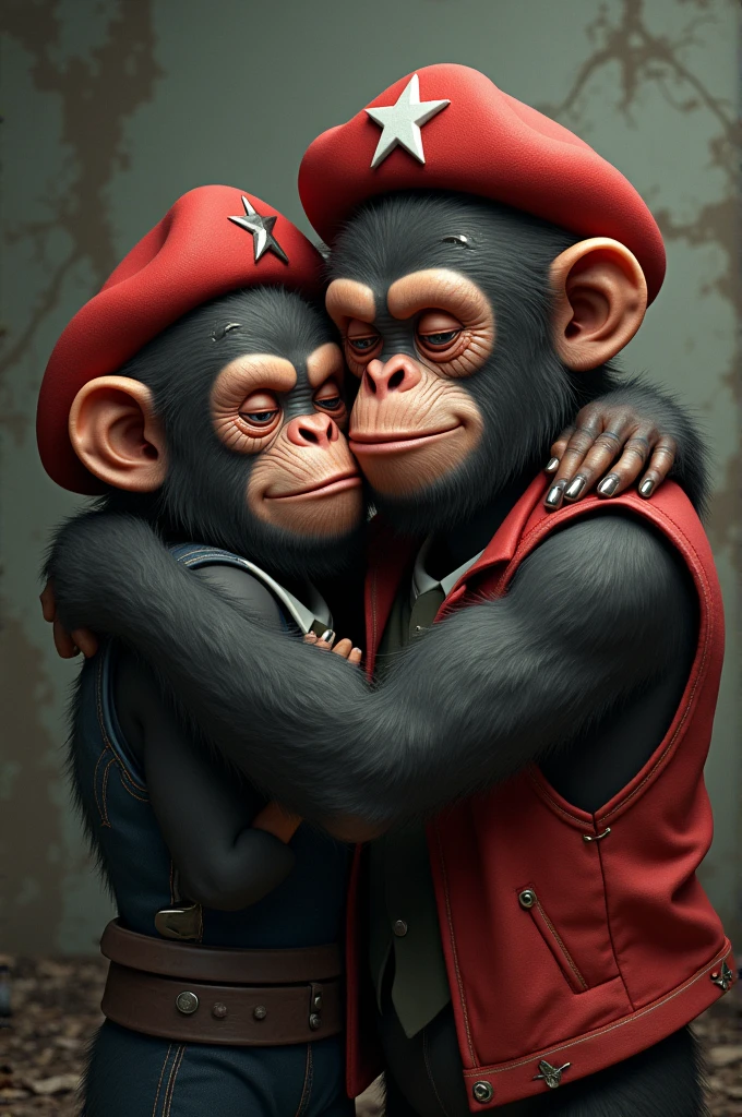 Couple of apes kissing, one wearing a red vest, White and blue, the other monkey wearing a red beret with a white star., the 2 monkeys crying.