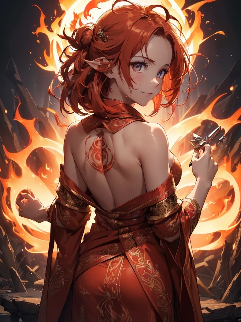 (((best quality, sharp image, clear image, cinematic lighting, 8k resolution, masterpiece, ultra detailed, intricate))) Girl, ((shot from behind)), ((close up)), look at viewer, fire mage, ((intricate background)), ((chaotic background)), red hair, smiling, ((flame runes, flame sigils)), (tatoo on back), slim figure, flying sigils, long dress, cute