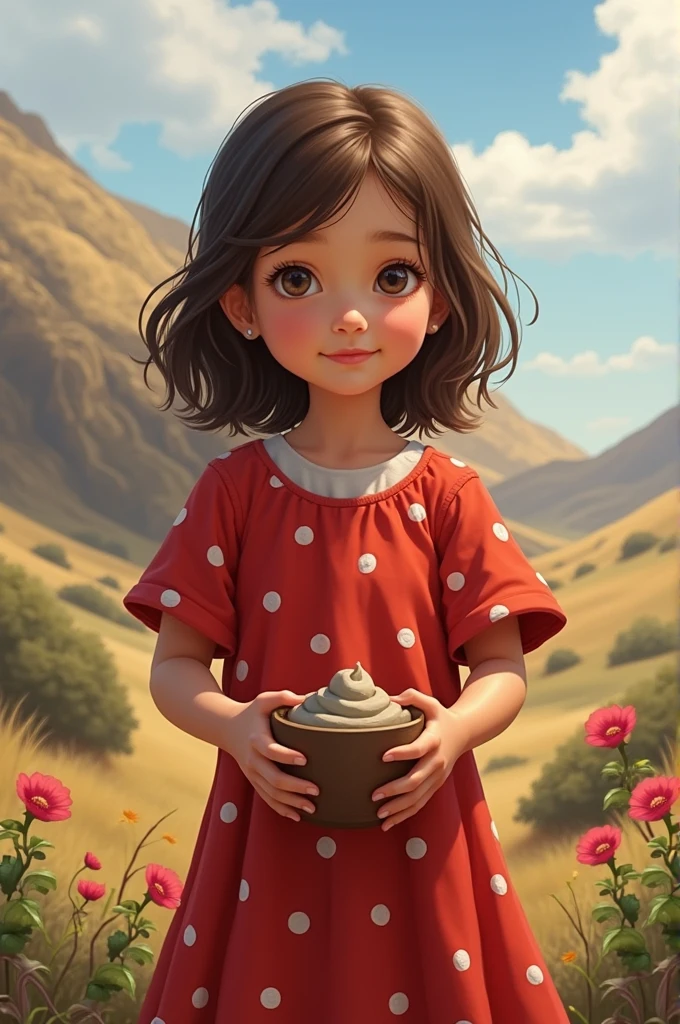 Detailed, realistic image of the benign girl, red dress with white polka dots,  appearance, pot of clay in her right hand and flower in her left hand, northeastern backlands.