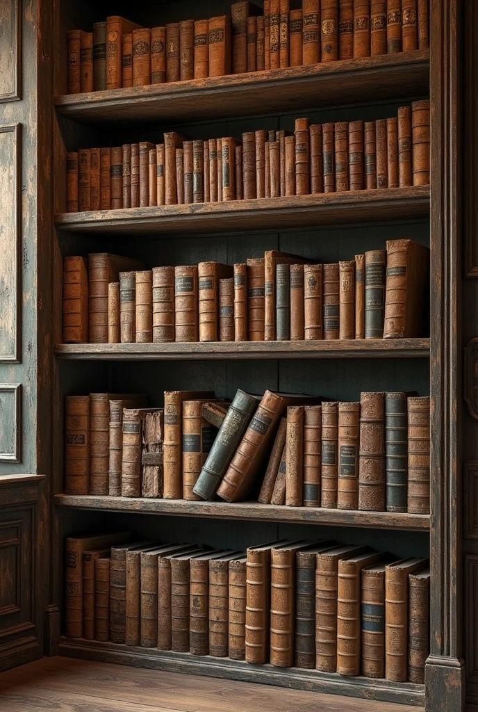 Vintage book shelves with books of different sizes sepia shades