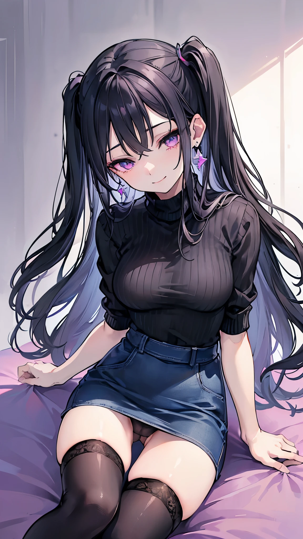 ((masterpiece、Highest quality、Very detailed))、One person、Black Hair、Long Hair、((Two Side Up))、Light purple eyes、evil smile、Earrings、Moderate breasts、((black sweater))、No sleeve、((denim pencilskirt))、thighhighs、Cowboy Shot、((spread legs))、((black panties))、straddle、Shoot from below、ass pov、Bedroom Background