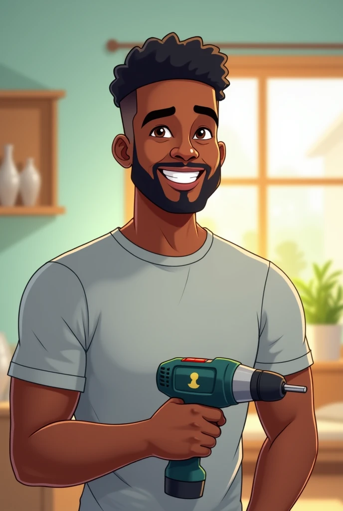 Smiling black man with goatee neat black hair light grey t-shirt with a drill in his hand cartoon