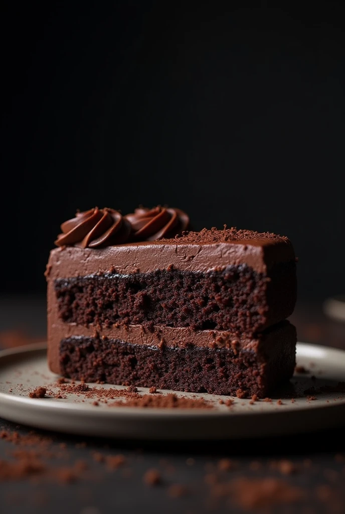 cinematic film still chocolate, chocolate cake, dark background, quality photo, moist texture, frosting, studio photo, slice . shallow depth of field, vignette, highly detailed, high budget, bokeh, cinemascope, moody, epic, gorgeous, film grain, grainy
