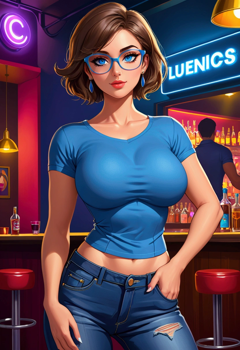 20 years old woman, Short brown hair, Méditerranéenne aux blue eye, Generous and heavy breasts, slender waist, estomac defini, fesses rebondies et pulpeuses, naturally curved, muscular thighs, aguicheuse, on a night-club , jeans and blouse, lunettes , earrings, blue eye, talons, fingers