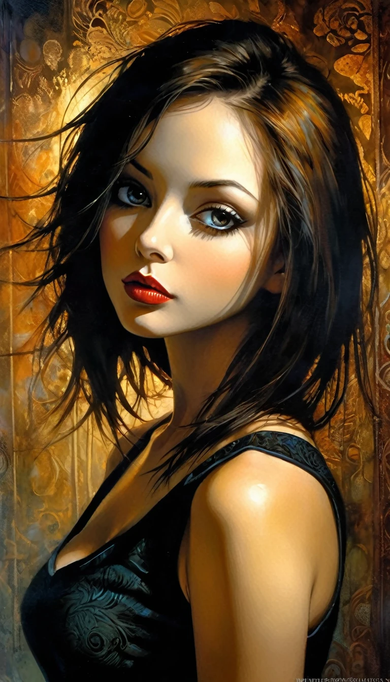 very sexy girl, black tank top and jeans, long straight dark brown hair, small breasts, in the nightclub, perfect ass, dances, has fun, eroticism, sexy, (best quality, 4k, 8k, high resolution, masterpiece: 1.2), ultra-detailed, (realistic, photorealistic, photorealistic: 1.37), details intricate, vivid colors, sharp focus, professional, Dave McKean artwork, surrealism oil touch, oil painting style, portrait, woman, beautiful detailed eyes, beautiful detailed lips, dreamy atmosphere, shadow play, lighting soft, fun pose, dark tones, ethereal background, fantasy elements, texture, layered composition.