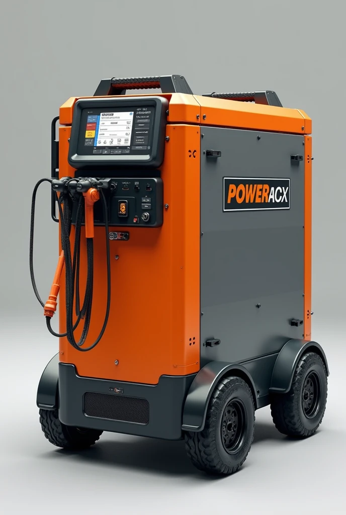 It has a control screen on the front, 4 230V socket inputs, and 4 USB ports and 3 Type-C inputs and is high 56cm. width 35cm. width 60cm. Power station with 4 wheels color is orange and gray, case is metal material