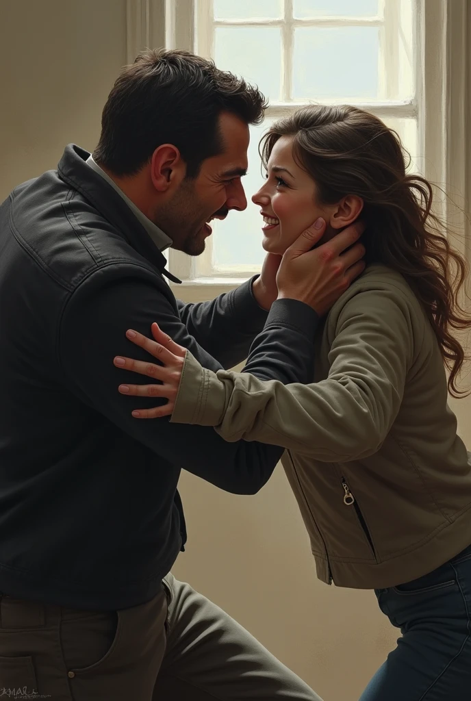 Realistic image of man standing in front of young woman, The man extends his hands trying to grab the woman by the neck