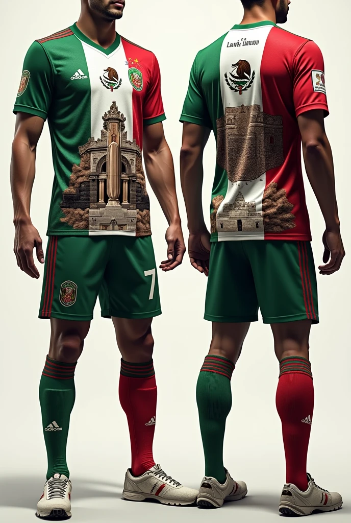 Create a Mexican national team shirt with a design of the country&#39;s historical monuments on the back and front with pants similar to the shirt 
