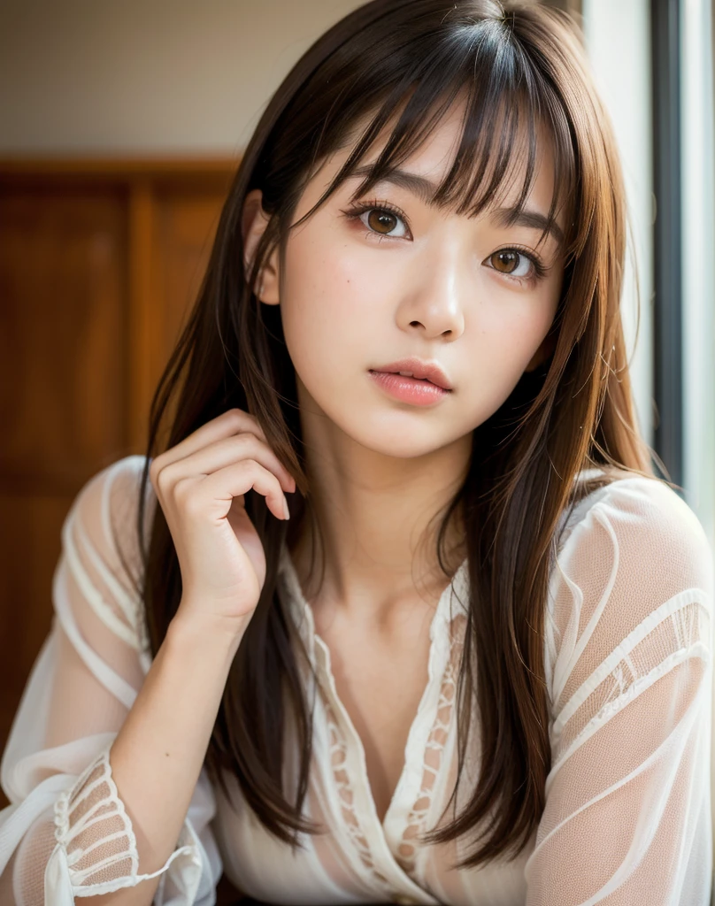 best quality, face focus, soft light, ultra high res, (photorealistic:1.4), RAW photo,
1japanese girl, solo, cute, (pupil, lights in the eyes),  detailed beautiful face, (small chest),(high resolution detail of human skin texture),
(long hair),
indoor,
Damask Shirt Dress,
(portrait)