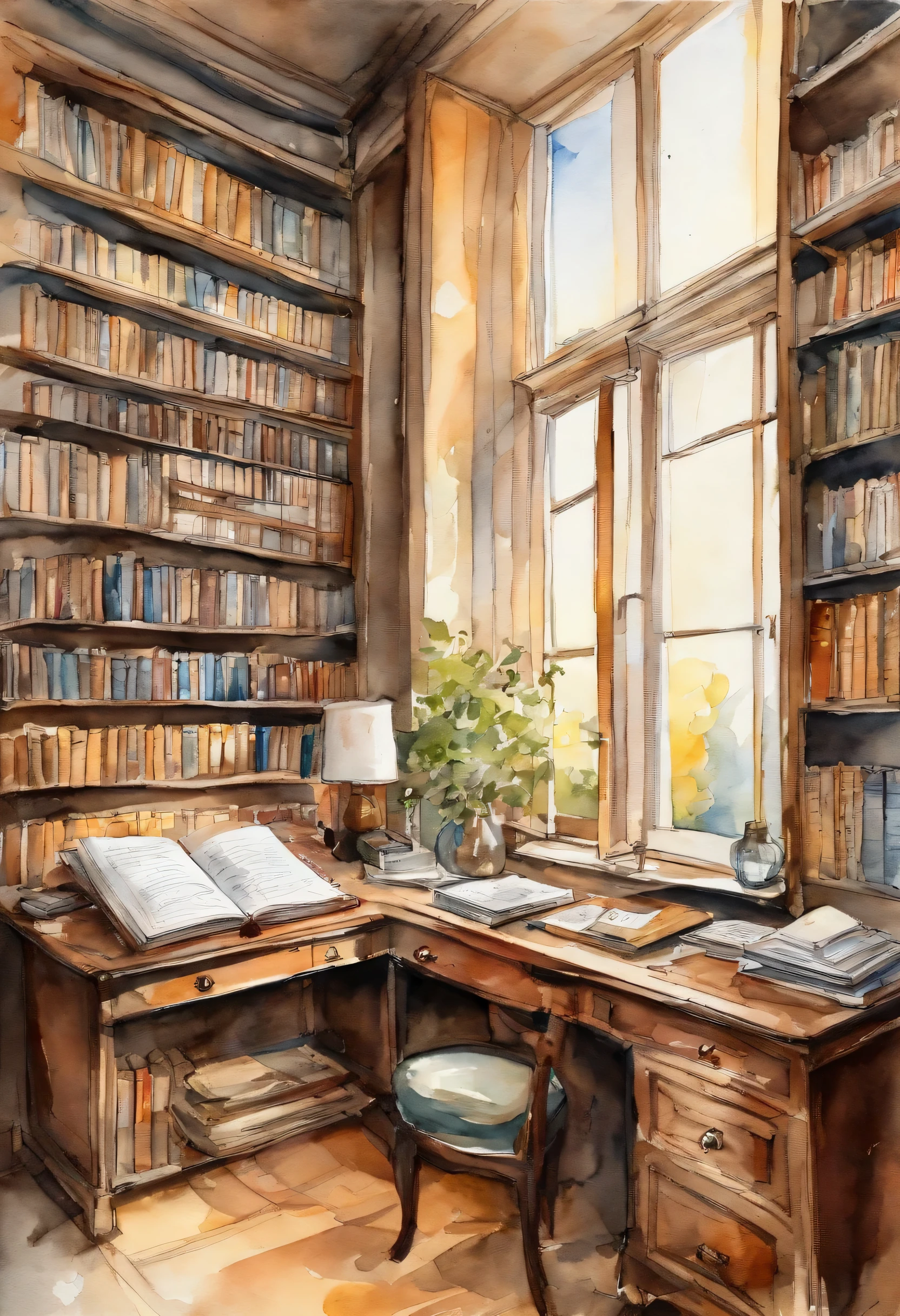Ink wind,Interior of modern library tubes,On the desk were open books,A ray of sunlight shines through the square, modern window on the desk