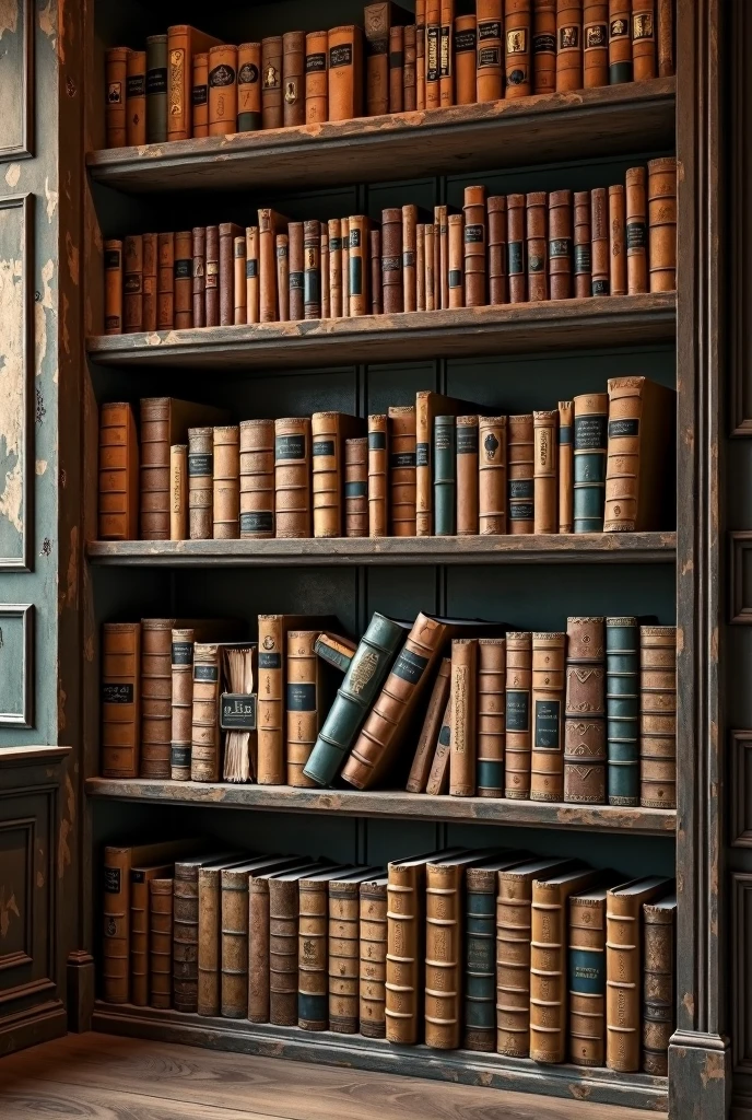 Vintage book shelves with books of different sizes sepia shades
