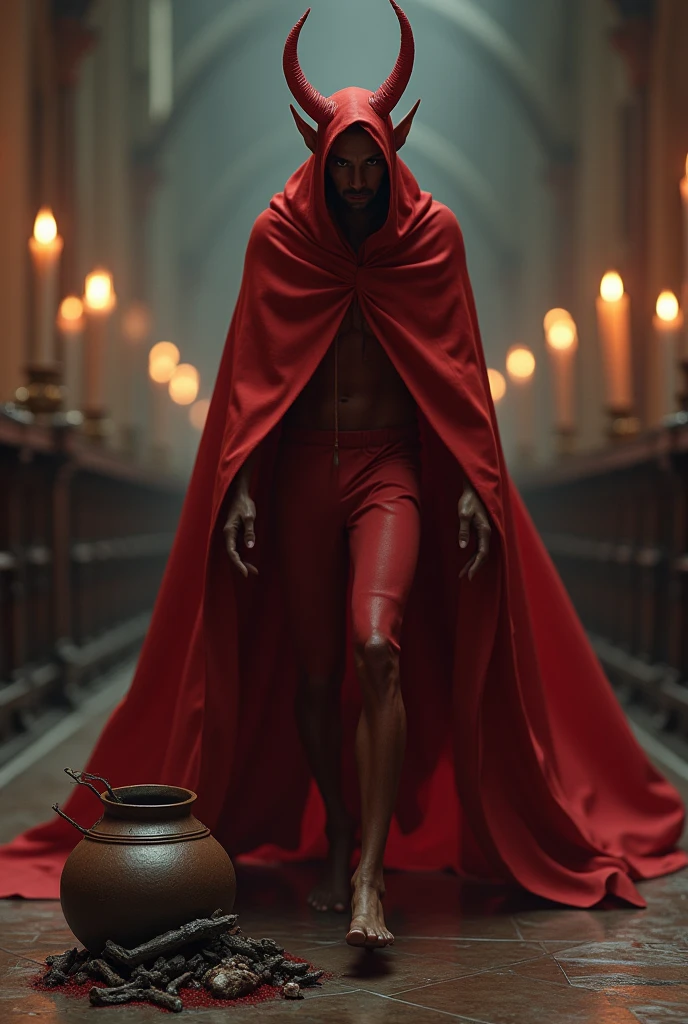 Create realistic image of devil with full red body with thin body, simple red horn, zaun, wearing a large red cape covering his entire body. The expression is serious, but concerned about people. He is pacing back and forth and at his feet is a clay pot with pieces of a dead animal and the scene is a cathedral lit by candles.
