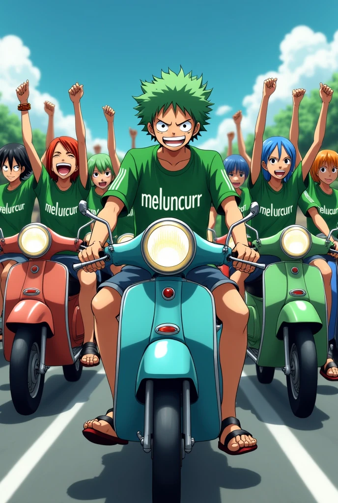Anime One Piece Zoro is joining the moped motorcycle group , the color of the group's shirt is green , on the front of all the clothes there is the word Meluncurr , Adidas clothing brand , all bring moped motorbikes , everyone raises their right hands forward as if they are gliding