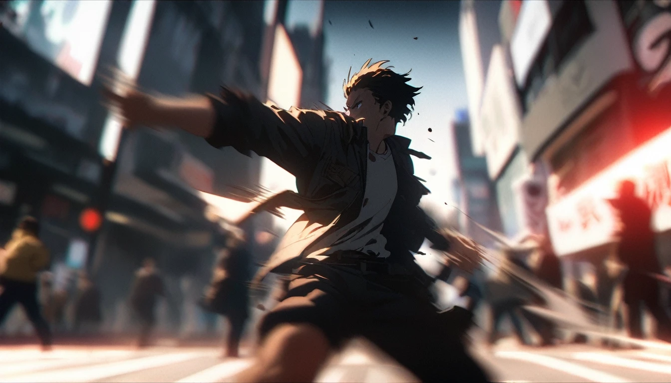 (high quality, 8k, 4K, high contrast, masterpiece: 1.2, 最high quality, best aesthetic), Shibuya crossing, post-apocalyptic, 1 man, focus, intense fight, fighting action pose, ((( Blur effect motion speed: 1.6))), destroyed Tokyo atmosphere, empty street scene, broken neon signs, depressing atmosphere, fast movement, ((motion blur on arms)), shadow assassin, assassinating an enemy , destroyed architecture, blood on the ground, less blood stained, evil energy, cinematic colors, dynamic settings, atmospheric perspective, epic lighting