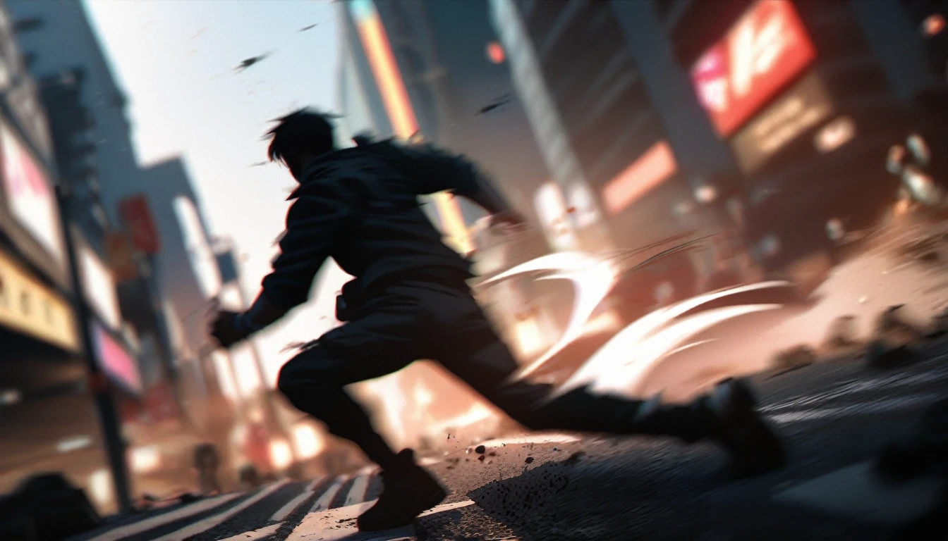 (high quality, 8k, 4K, high contrast, masterpiece: 1.2, 最high quality, best aesthetic), Shibuya crossing, post-apocalyptic, 1 man, focus, intense fight, fighting action pose, ((( Blur effect motion speed: 1.6))), destroyed Tokyo atmosphere, empty street scene, broken neon signs, depressing atmosphere, fast movement, ((motion blur on arms)), shadow assassin, assassinating an enemy , destroyed architecture, blood on the ground, less blood stained, evil energy, cinematic colors, dynamic settings, atmospheric perspective, epic lighting