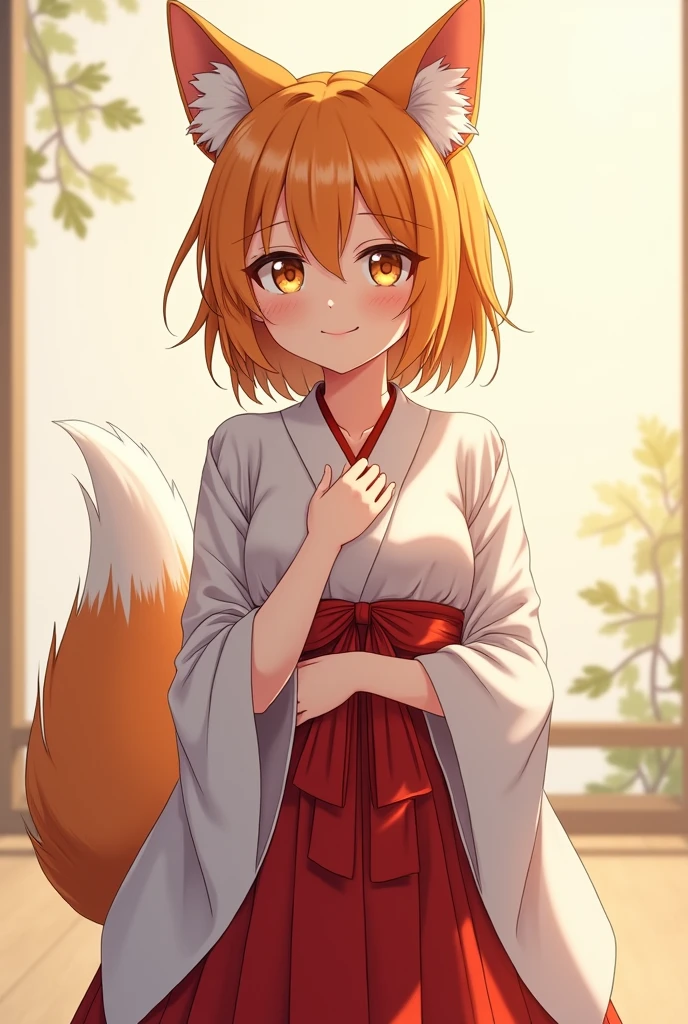 (flat chest:1.7), best quality, masterpiece, detailed, Kitsune neko, 1girl, closed mouth, light smile, orange hair, yellow eyes, medium hair, fox ears, fox tail, Senko Miko, miko, (NAKED:1.3), (NSFW:1.3), standing, looking at viewer, unity 8k wallpaper, (illustration:0.8), (beautiful detailed eyes:1.6), extremely detailed face, perfect lighting, extremely detailed CG, (perfect hands, perfect anatomy), Her beautiful face, drawn with incredible precision and realism, is surprisingly detailed. Every line, every crease on the skin is like a work of art. Sparkling eyes, with a fine drawing of each eyelash, look directly at you, radiating warmth and boundless tenderness, Senko is the true embodiment of grace and beauty, and every stroke on this cardboard canvas speaks of her charm. Her slender figure and graceful body lines are mesmerizing. Perfect hands, thin fingers, delicate skin - all this is a work of art.