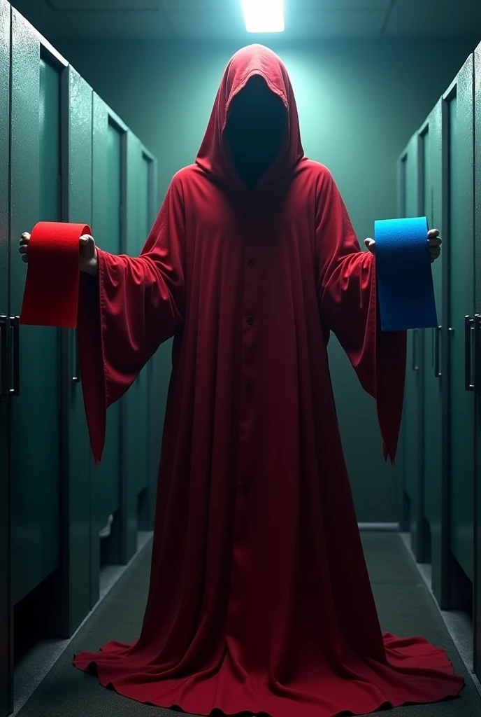 aka manto (Red Cloak), spirit of a japanese urban legend, holding blue toilet paper in left hand and red toilet paper in right hand, haunting the last public toilet stall with spooky effect, a dark background, et ombres sinistres avec un effet effrayant supplémentaire