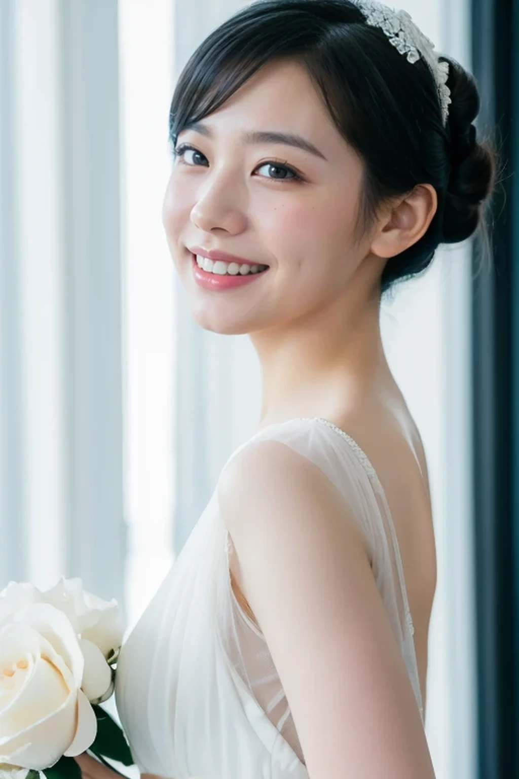 (wedding bun short hair:1.2), (white wedding dress, intricate dress, ball gown, bridal veil, bride, curtains, depth of field, dress, flower, hair flower, hair ornament, see-through, white flower, white rose:1.1), (face full of joy:1.3), one girl, , 8k, RAW photo, best quality, masterpiece, realistic, photo-realistic, clear, professional lighting, BREAK, no makeup face, smile, BREAK, (short cut hair, small breasts:1.2), (looking back:1.2), (black eyes, black hair:1.2), full body shot