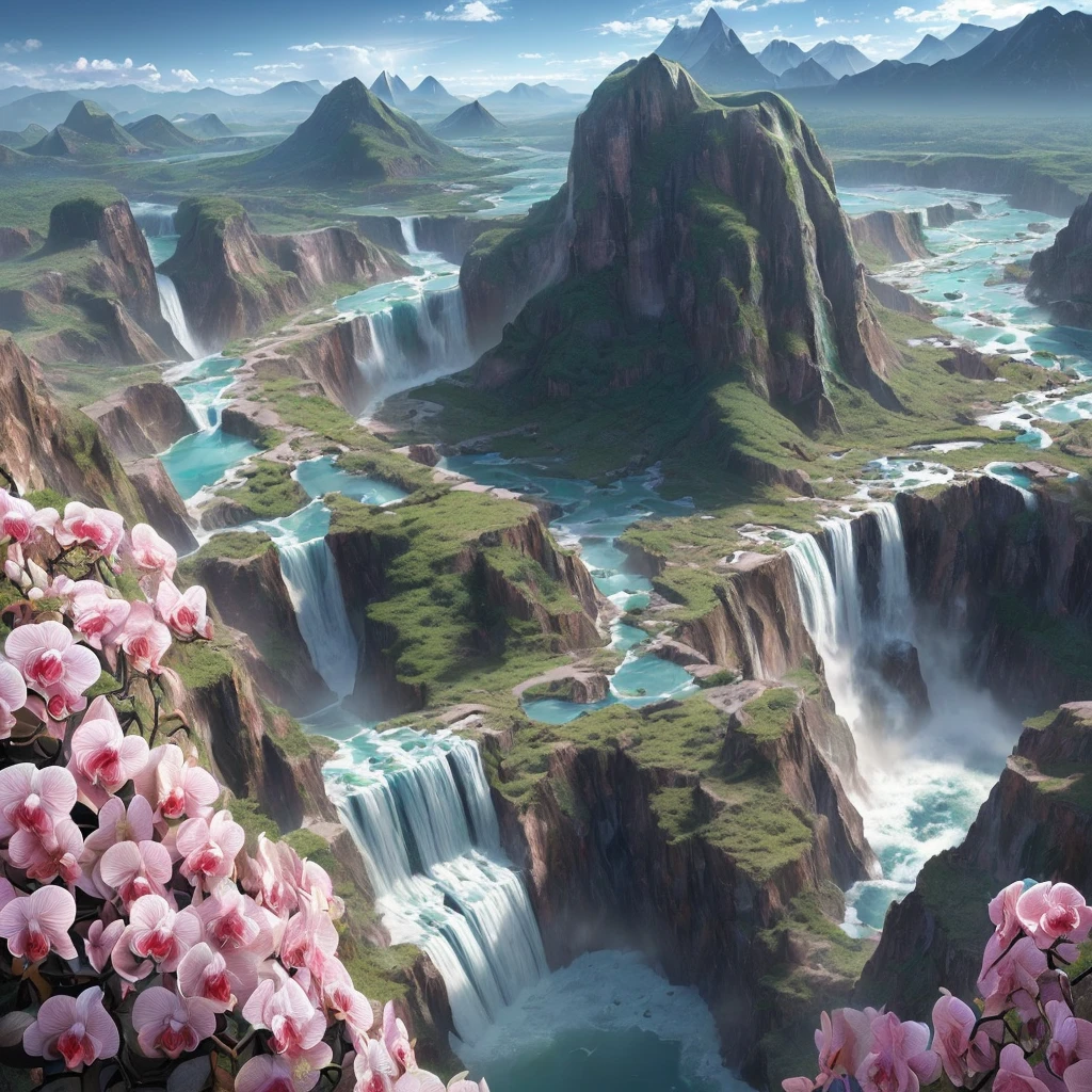 extremely high-resolution details, photographic, realism pushed to extreme, incredibly lifelike, highest quality, masterpiece,  (unRealistic, photoRealistic), Dreamy and imaginary landscapes , epic scenes,very bright day , (Fantasy, Unsurreal landscapes, Super detailed, (Flying futuristic  steel Castles , Floating  Islands in the Sky) , Intense lightning, ,very huge waves in the Lake,the sky reflected on the lake surface,  Reflections , (((roses and orchids gardens , bright day light, pink and blue clouds, waterfalls in the sky, realistic style))), Hyperrealistic drawing , burning futuristic skyscrapers, ,timeless realms, very huge crazy waves with silver surface reflections, sharp focus, (close-up), (bright tones ), (deep blue tone),((( realistic, Hyperrealism, vivid colours , landscapes , alien nature , ((science fiction themes)), ((mountains and abyss)) , ((water resources and waterfalls)) ,  brilliant images  , dramatic, highly detailed