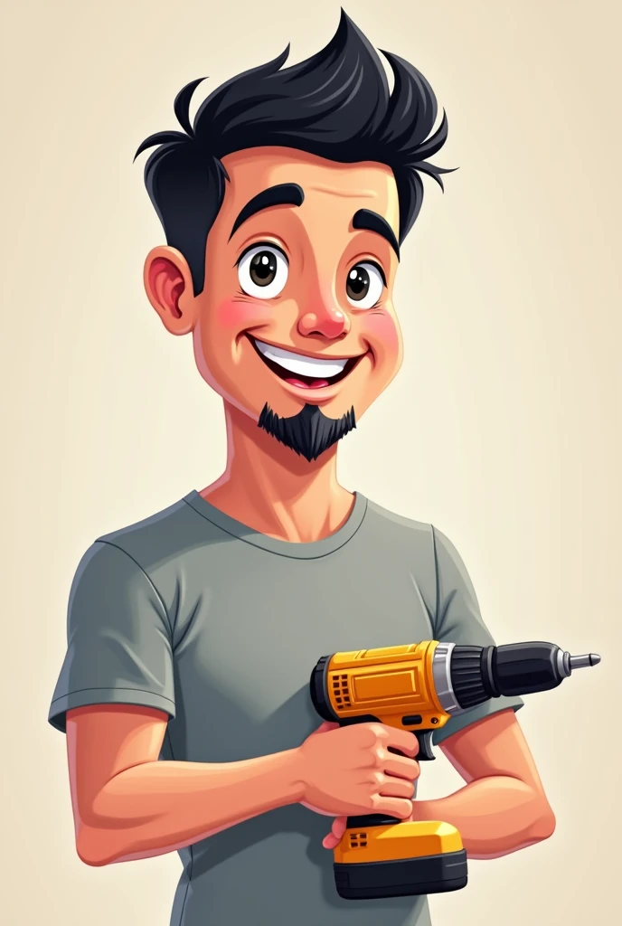 Smiling dark-haired man with goatee wearing a neat light grey t-shirt with a drill in his hand in cartoon style
