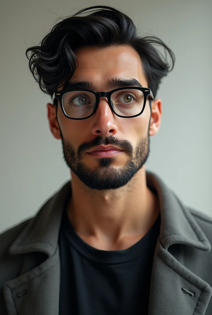 A white man,rounded nose,black hair light brown eyes wearing square shaped glasses slightly grown beard wearing a black t-shirt and a gray coat