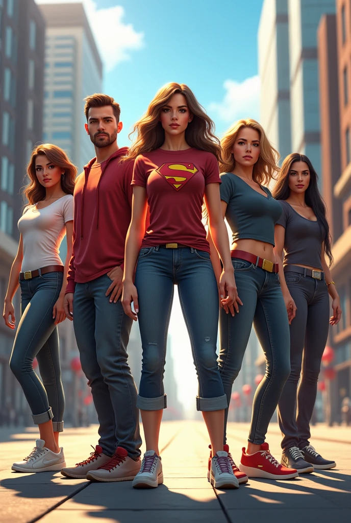 A team of 5 young 1 superheroes, composed of 2 women and 3 men, with casual clothes