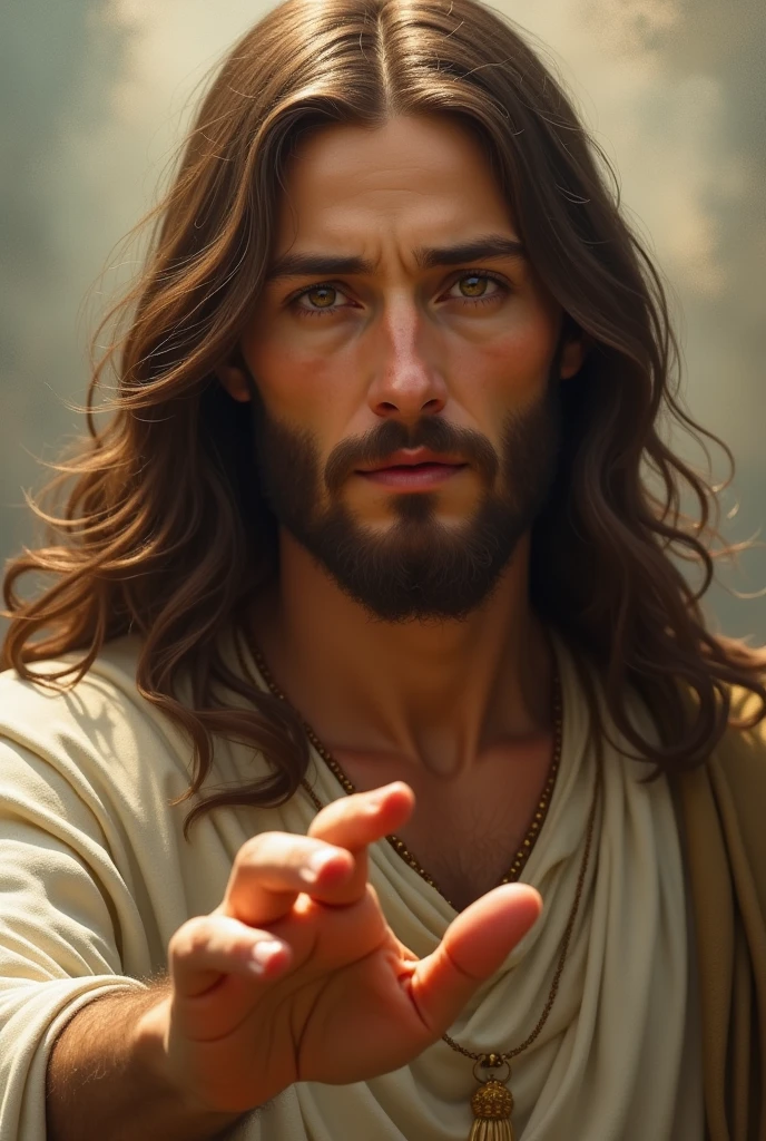 very beautiful face of Jesus pointing at me