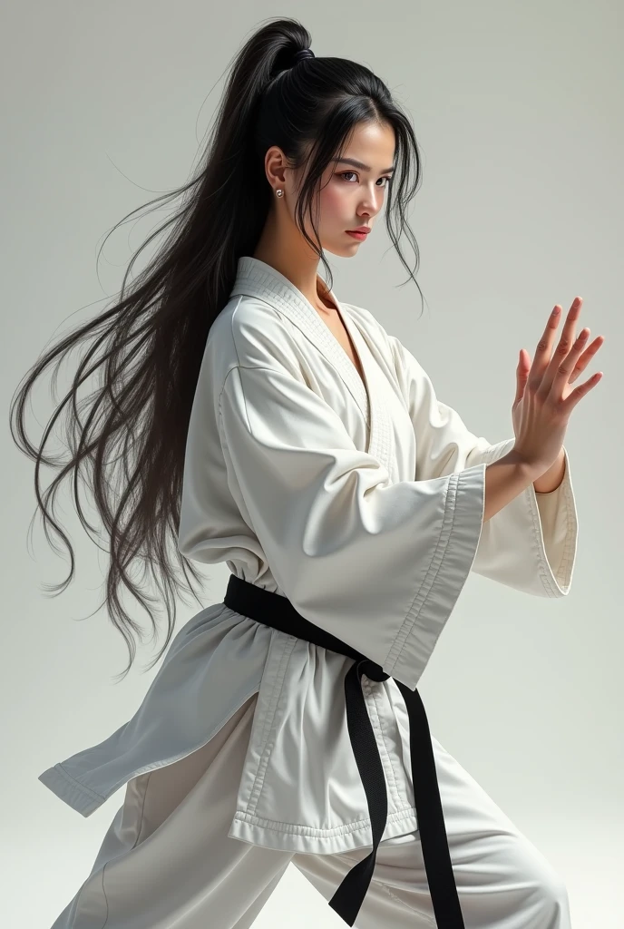 Miyamura Izumi with long hair in a taekwondo kimono 