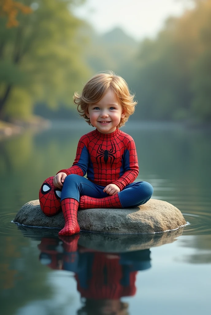 Disney about , Sitting on a stone, facing the front. The stone is in the middle of a lake, Then, your feet touch the surface of the water. A serene smile lights up your face, conveying a sense of joy and inner peace. His outfit consists of a Spider-Man costume., and their feet are dressed in stockings, with legs relaxed, his feet hang down while he is sitting . In his hand he had a cloth mask.