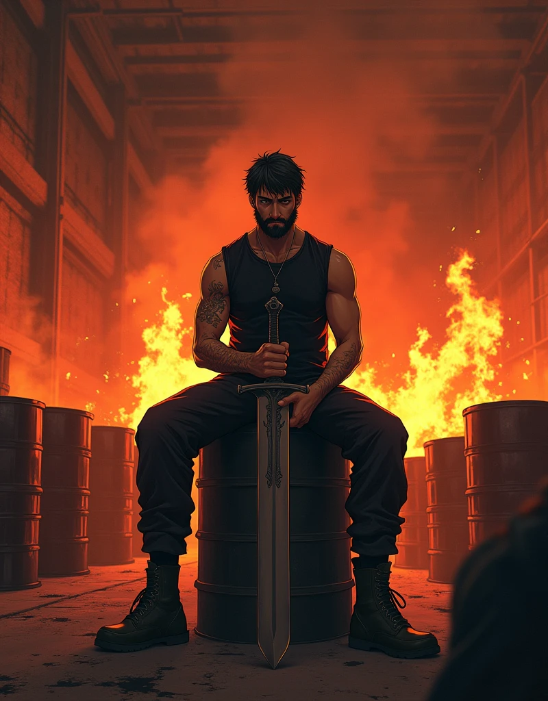 CREATE A ANIME STYLE LANDSCAPE POSTER IMAGE. Dramatic and intense digital anime artwork featuring a  23 year man with a rugged appearance, sitting on a large metal barrel in a warehouse-like setting. The man has a beard, short dark hair, and is wearing a black sleeveless shirt and dark pants. He holds a large sword with its tip resting on the ground. The background is engulfed in flames, with fire and smoke creating a chaotic atmosphere. Several other barrels are scattered around, some partially obscured by the fire. The overall color palette is dominated by fiery oranges, reds, and dark shadows, enhancing the sense of danger and intensity.