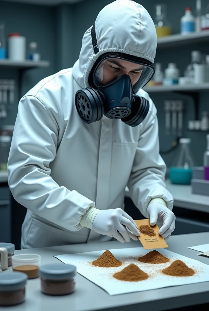 generates the image of a chemical laboratory worker in a white suit and a 3M respirator with dust and vapor filters, where you can see up close how a mineral powder sample is represented in four parts and how one part is placed in a labeled envelope for analysis
