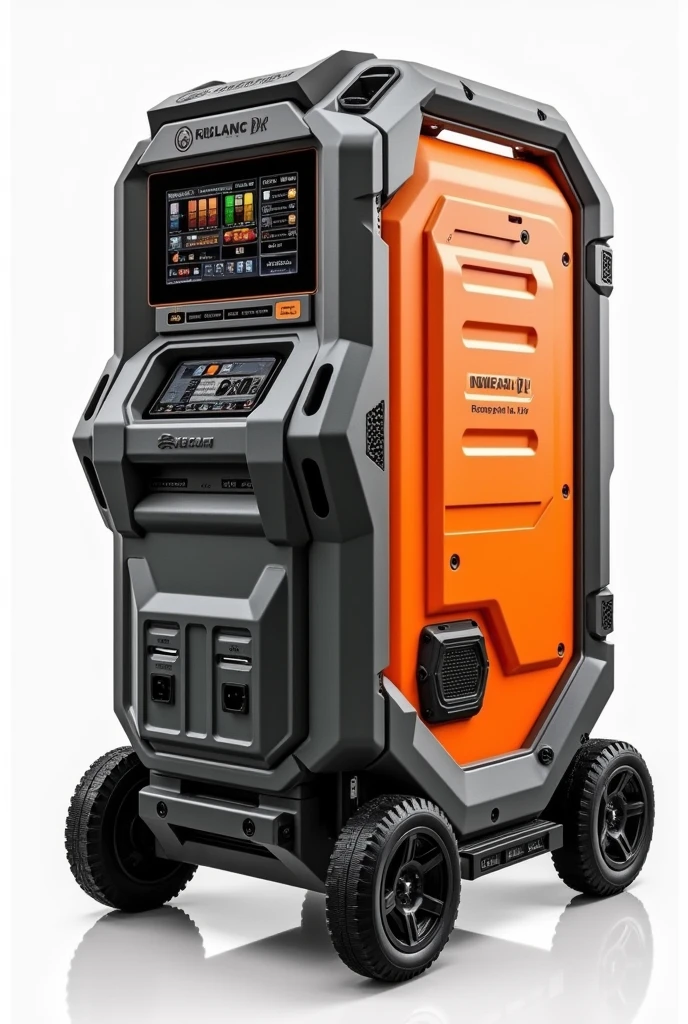 It has a control screen on the front, 4 230V socket inputs, and 4 USB ports and 3 Type-C inputs and is high 56cm. width 35cm. width 60cm. Power station with 4 wheels color is orange and gray, case is metal material