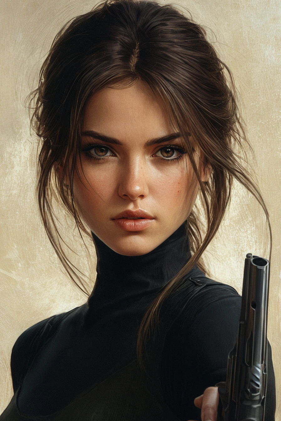 UHD ultra precise 8K digital copy of a arafed image of a woman holding a gun in her hand, wojtek fus, stunning character art, beautiful digital artwork, alena aenami and artgerm, beautiful character painting, gorgeous digital painting, cgsociety portrait, portrait of lara croft, realistic digital art 4 k, realistic digital art 4k, karol bak uhd
