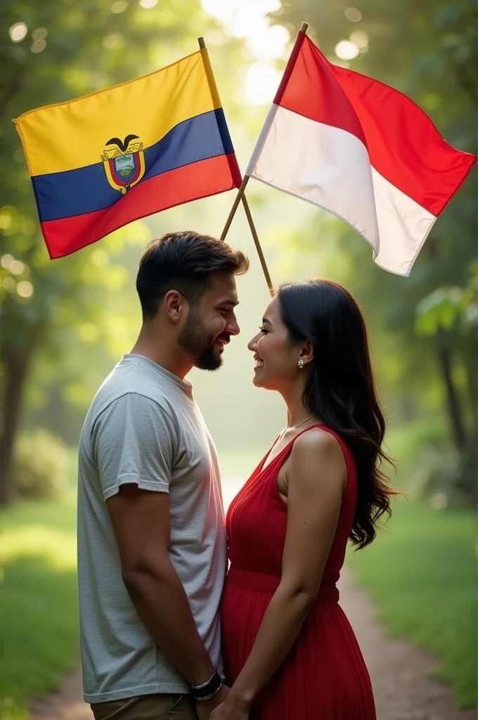 Take a photo of something so that above each head is the flag of Ecuador and the other is the flag of Indonesia. It is for a couple and we want to use the same photo.