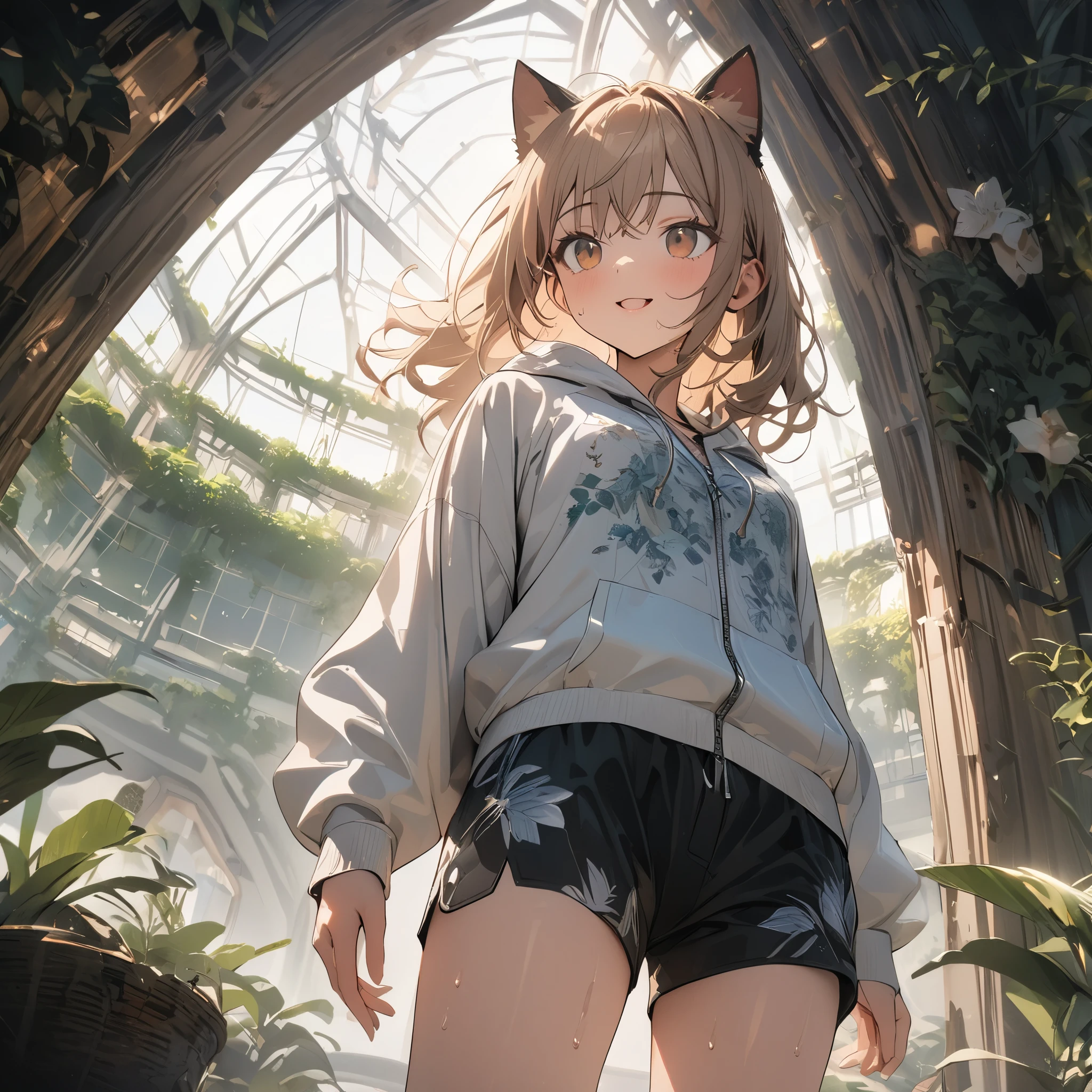 ((Masterpiece)), ((best quality)), (from below), ((wide shot)), (super detail:1.2), (High Definition:1.3), ((extremely detailed)), (8K), (Professional Photography:1.2), (very aesthetic:1.2), (absurdres:1.2), perfect anatomy, intricate details, (sharp focus), (perfect light), (drop shadow), ((1girl)), (Cute teenage beautiful Girl), ((best quality)), beautiful brown eyes, ((looking to the side)), (Beautiful daiamond eyes:1.5), Cat ears, Pale brown hair, unruly hair, medium hair, innocent smile, Open mouth wide, ((botanical pattern hoodie)), zip up, ((botanical pattern Boxer shorts)), Slender body, small breasts, sweaty, Beautiful small breasts, (Posing with Civility), giant greenhouse, (cute cheeks), glossy lips, pouty lips, bags under the eyes, (lower eyelashes), tilt head to the side, (detailed background:1.2), newest, clear line,