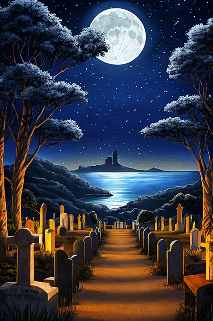 a landscape, a mixture of cemetery, square, sea, beach with a fig tree on a full moon night.