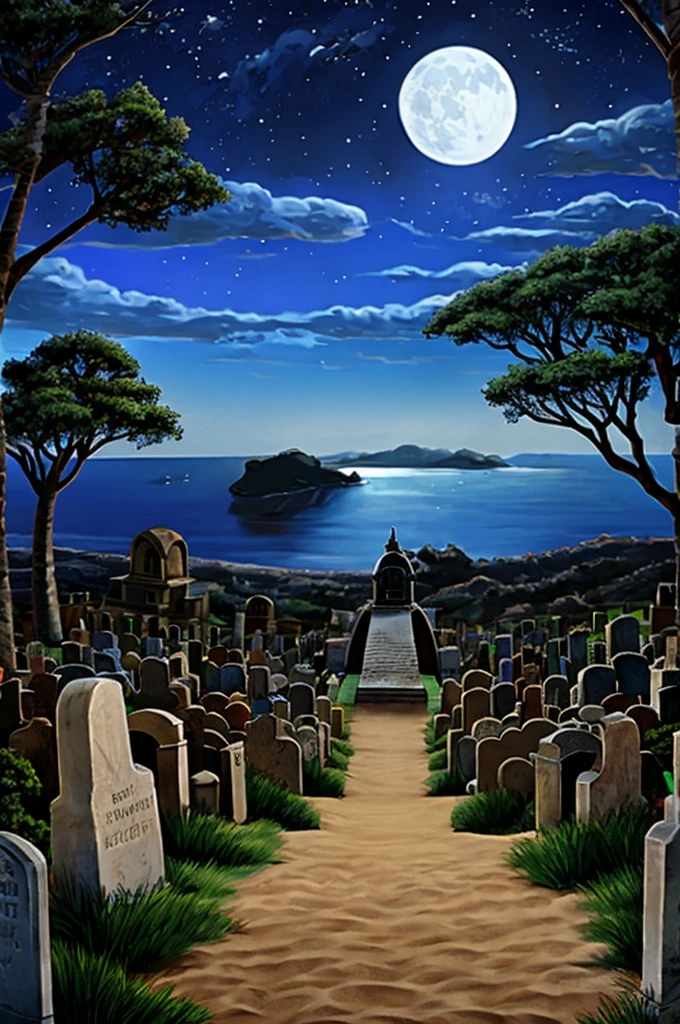 a landscape, a mixture of cemetery, square, sea, beach with a fig tree on a full moon night.